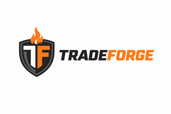 TradeForge logo with a shield and flame design on a white background